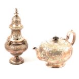 Silver-plated incense burner, teapot, milk jug and other items.