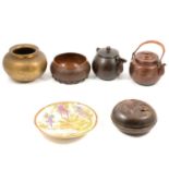 Japanese bronzed metal box, two bowls, two small kettles and a Satsuma plate,