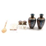 Pair of cloisonne vases, scent bottles, and mother-of-pearl cardcase