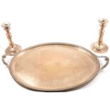 Victorian electroplated oval tray and a pair of candlesticks