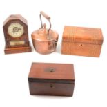 A copper kettle, a mantel clock, walnut work box and tea caddy.
