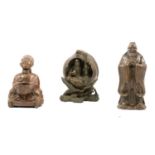 Three Chinese patinated metal figures