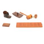 Masonic wooden gavel, wooden blotter, measuring tape dispenser, and other treen.