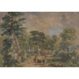 English School, Cattle by a cottage in woodland,