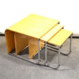 Nest of three beech and chrome coffee tables,