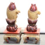 Pair of Indian carved, painted and inlaid wood models of fish,