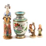 Cabinet cups and saucers, modern Chinese cloisonné vase and figure, two Hummel figures.