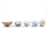 Chinese porcelain bowl, three teabowls and a miniature vase,