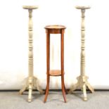 Beech plant stand and a pair of painted pine plant stands,