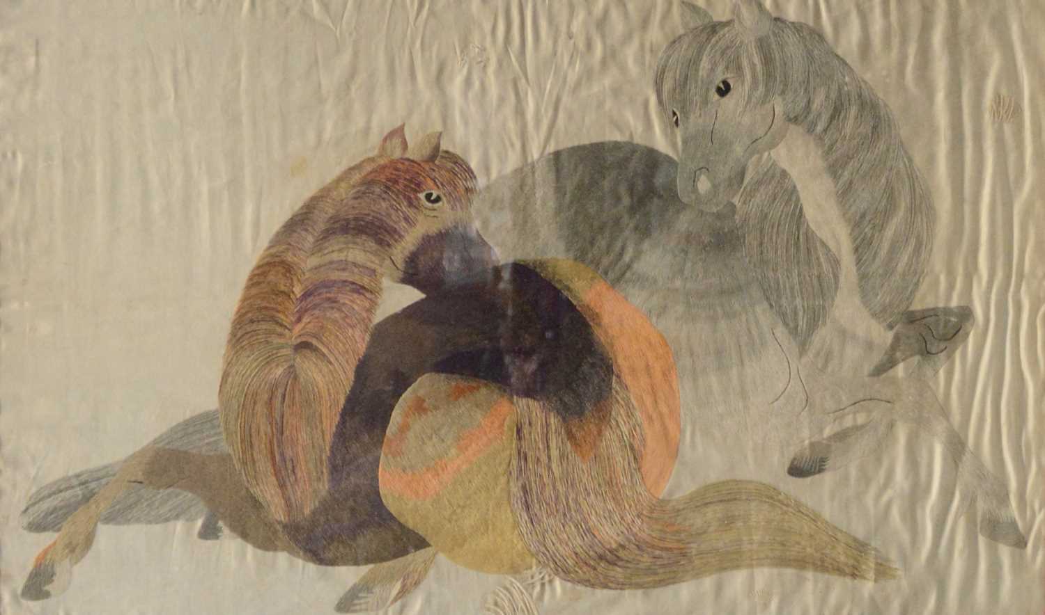 Large Chinese silk panel with two horses seated