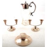 Pair of silver two-light candelabra, and a Capstan silver inkwell