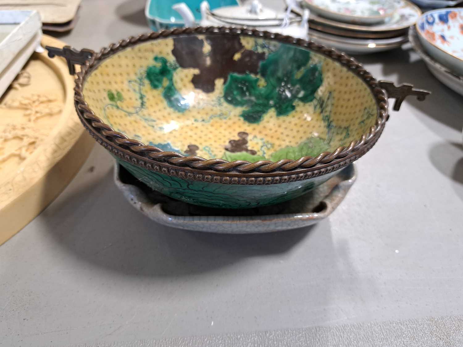 Chinese polychrome square dish, wine kettle, etc., - Image 2 of 21