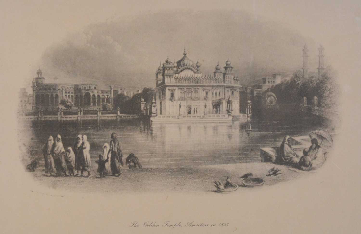 Modern print, The Golden Temple at Amritsar, three other prints and an oil of a Spanish lady,
