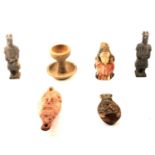 Two Ancient style clay oil lamps, etc.,