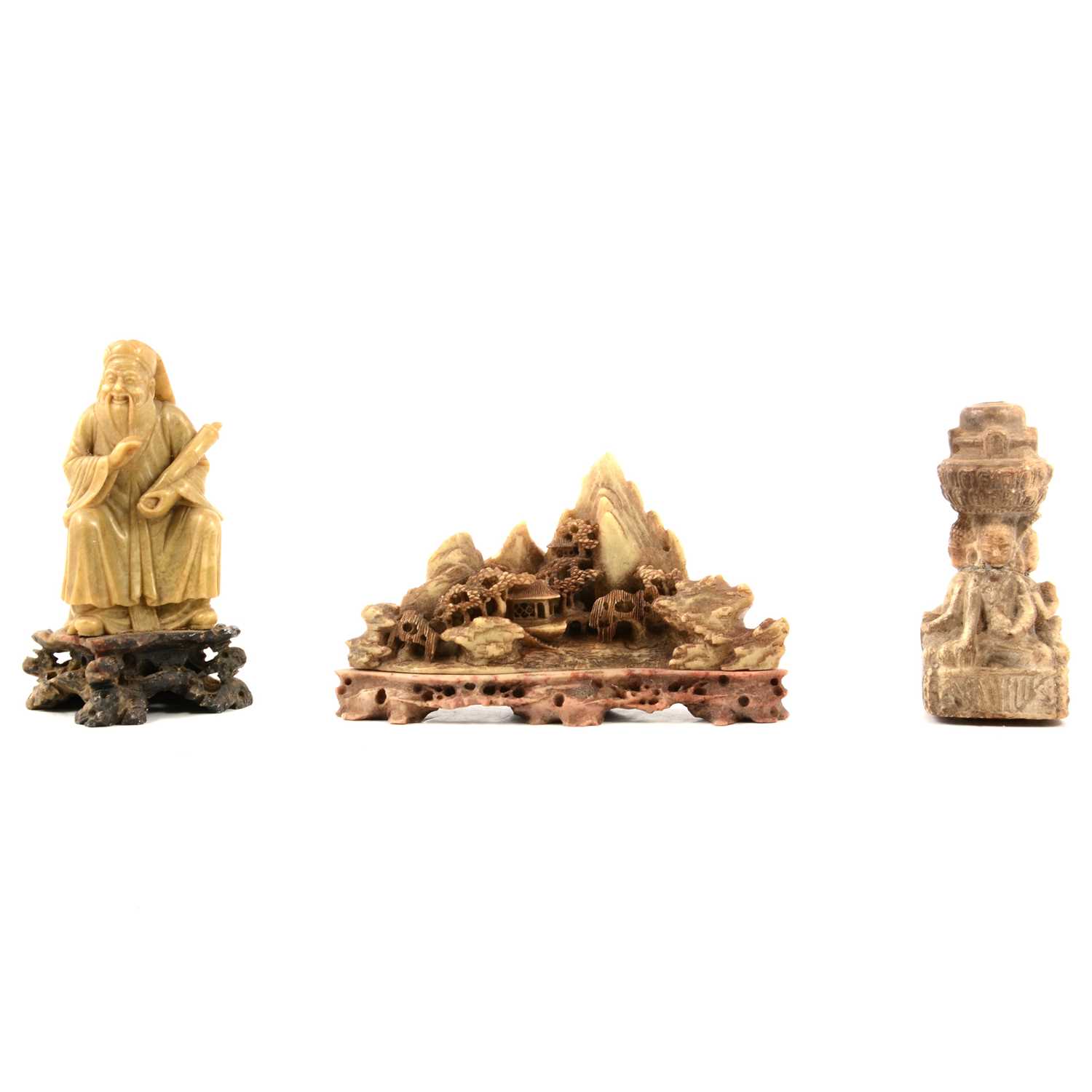 Two Chinese hardstone carvings and an Asian carving,