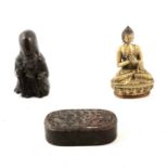 Chinese carved hardstone weight, and two figures,