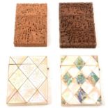 Two Cantonese carved wood card cases, and two mother-of-pearl card cases