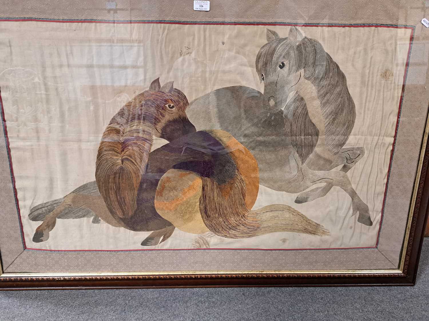Large Chinese silk panel with two horses seated - Image 2 of 14