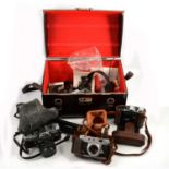 Vintage cameras and lenses, including Minolta SRT 101 35mm camera etc