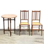 Oak folding table and a pair of bedroom chairs,
