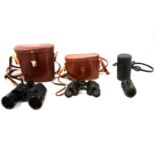 A pair of Carl Zeiss Jenoptem binoculars; pair of Dolland Luma binoculars; Pentax camera; Takumar