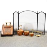 Edwardian walnut coal box; together with copper and brass hearth furniture, etc