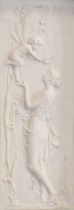 Three shallow relief plaques, Classical scene and a pair of Art Nouveau style maidens,