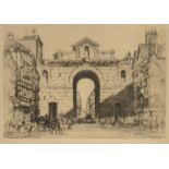 Three etchings of Bristol and Bath landmarks, and a Landseer print