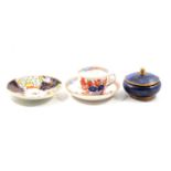 19th century Staffordshire cup and saucer, another saucer, and a cloisonne pot and cover