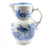 Caughley blue and white cabbage-leaf mask jug, Parrot Pecking Fruit pattern