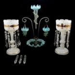 A vaseline glass twin arm epergne and a pair of lustres.
