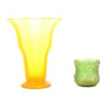 A tall yellow Webb glass vase, and an iridescent glass Art Nouveau style vase