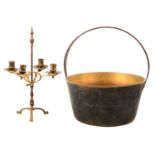 Lacquered bras adjustable candelabra, and a large brass jam pan.