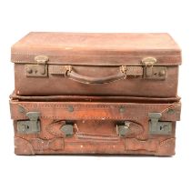 Two vintage small suitcases, seven stained pine trays (possibly type trays), and a vintage pull-alon
