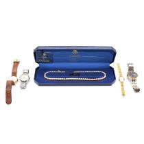 Three gentleman's wristwatches, simulated pearls, lady's watch.