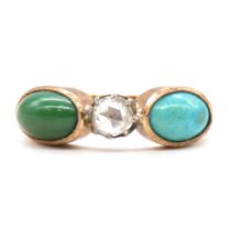 A turquoise and diamond three stone ring.