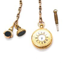 A small yellow metal half hunter pocket watch and Albert watch chain.