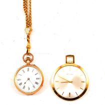 Two open face pocket watches and a metal watch chain.