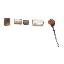 A George IV silver snuff box, matchbox holder, ring box, button hook.