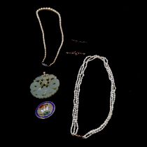 A jade pendant, triple row freshwater pearls, cufflinks.
