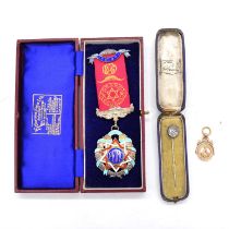 Order of Buffalo silver and enamel jewel, 9 carat gold masonic pendant and a stick pin.