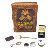 A silver vesta case, stamp case, Albert watch chain, pocket watch, musical photograph album