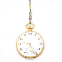 An 18 carat yellow gold open face pocket watch and yellow and white metal Albert watch chain.