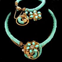 Miriam Haskell - a signed faux turquoise, paste and gilt metal necklace and bracelet suite.
