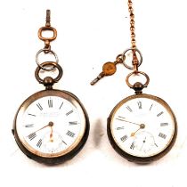 Two silver open face pocket watches and length of yellow metal Albert watch chain.
