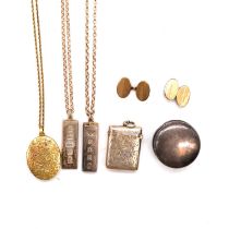 Two silver ingot pendants, vesta case, pill box, rolled gold locket and chain, cufflinks.