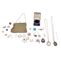 Silver jewellery, metal dance purse, butterfly wing, bangle, marcasite.