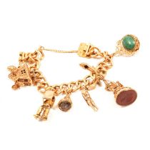 A 18 carat gold charm bracelet with seven 9 carat gold charms,