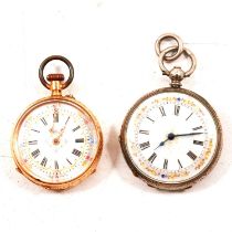 A yellow metal fob watch and a white metal fob watch.