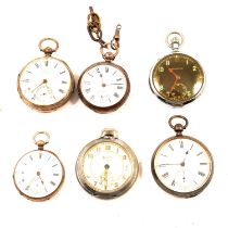 Six white metal open face pocket watches.